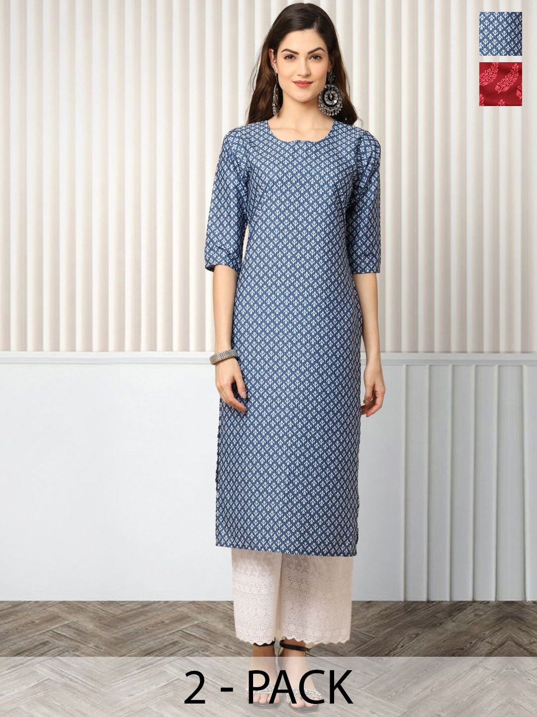 

Moda Rapido Pack of 2 Printed Round Neck Straight Kurtas, Blue