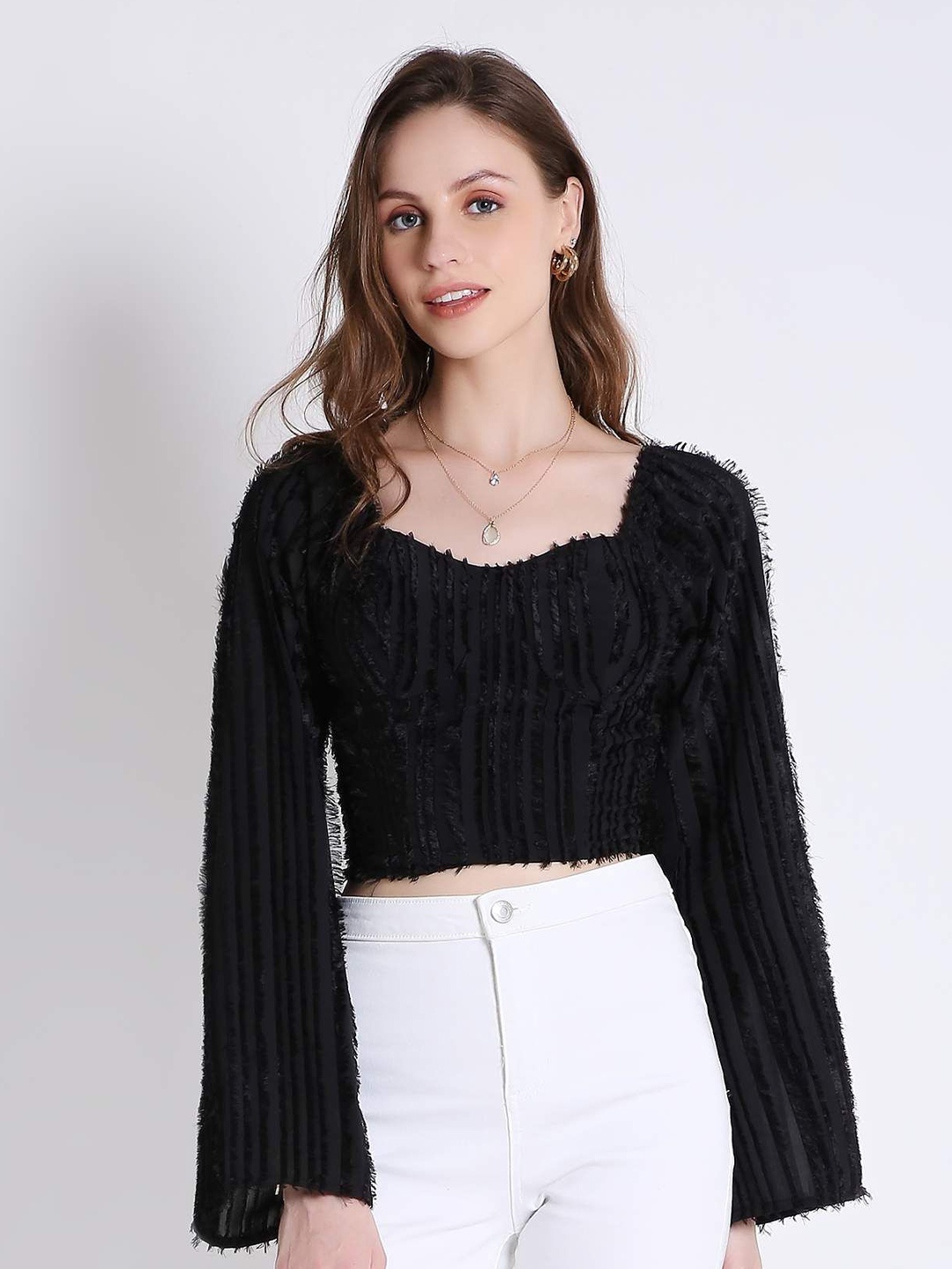 

French Theory Solid Bell Sleeve Square Neck Crop Top, Black