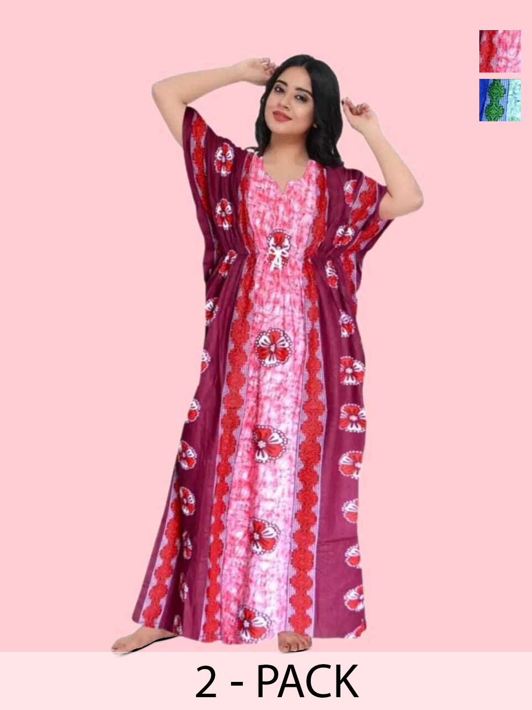 

PR PINK ROYAL Women Pack Of 2 Printed Maxi Nightdress, Red