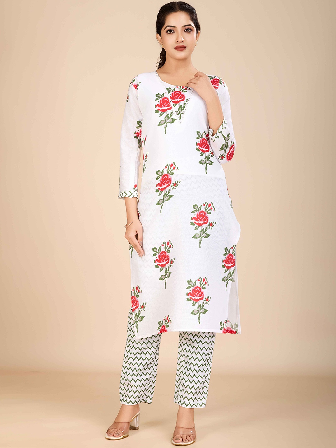 

Fashion Ritmo Floral Printed Round Neck Straight Kurta With Trouser, White