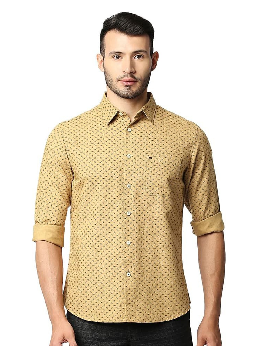

Basics Men Relaxed Fit Spread Collar Floral Printed Cotton Casual Shirt, Khaki