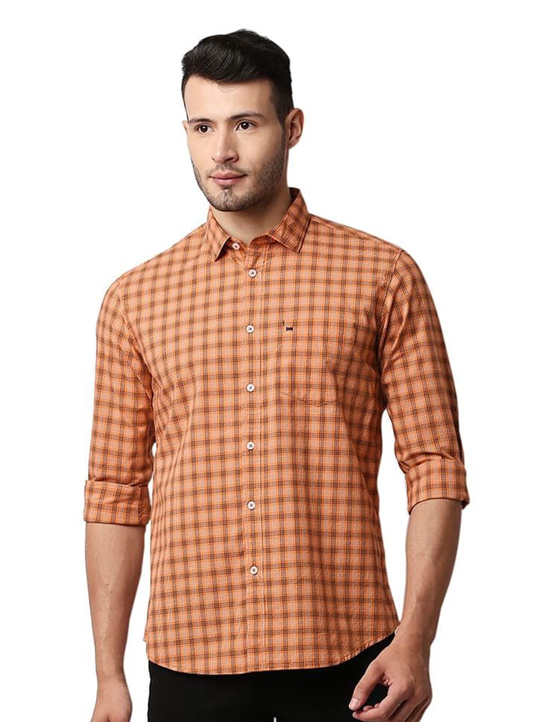 

Basics Men Relaxed Fit Spread Collar Checked Cotton Casual Shirt, Orange