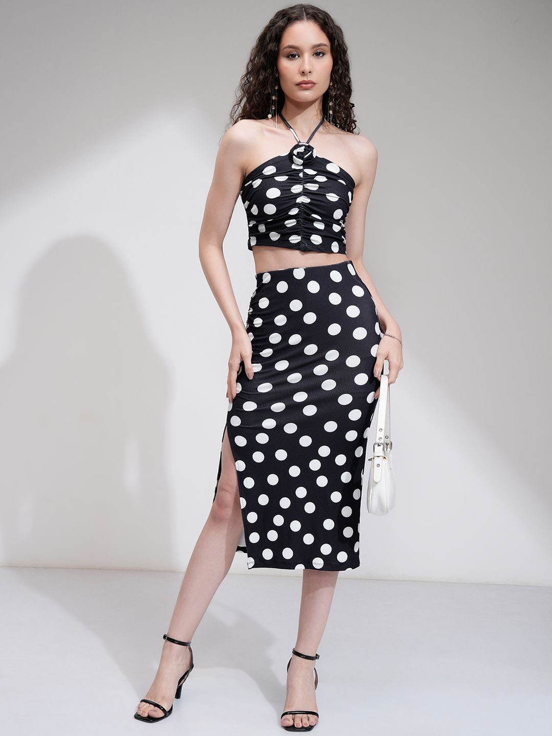 

Tokyo Talkies Women Polka Dot Corsage Top & Midi Skirt Co-Ord, Black