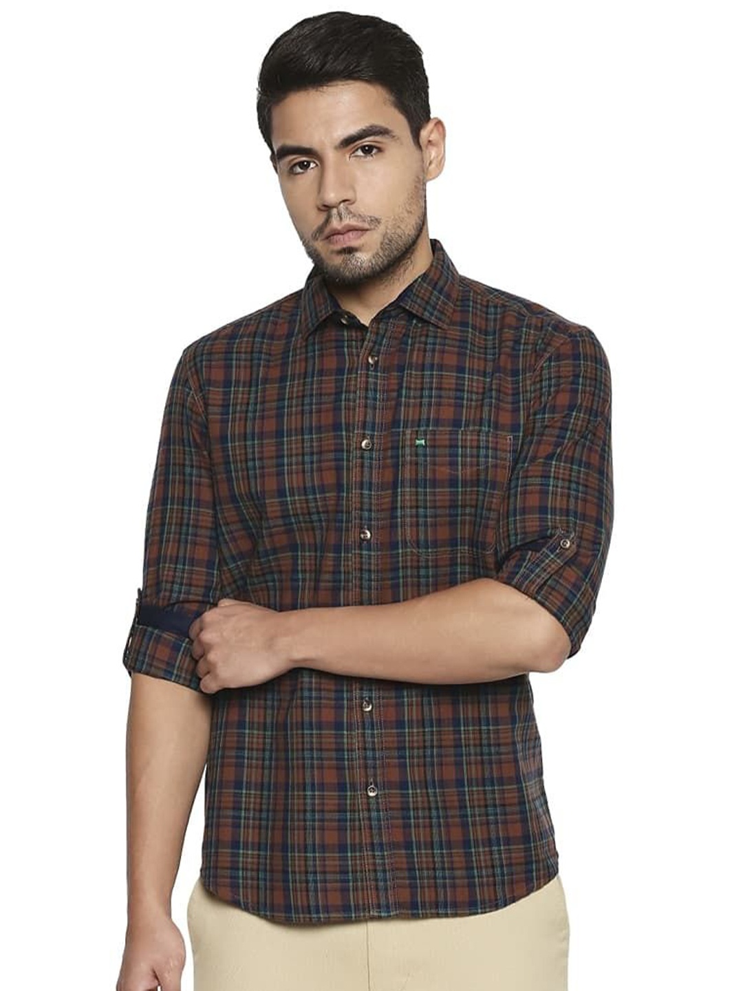 

Basics Men Relaxed Fit Spread Collar Checked Cotton Casual Shirt, Brown