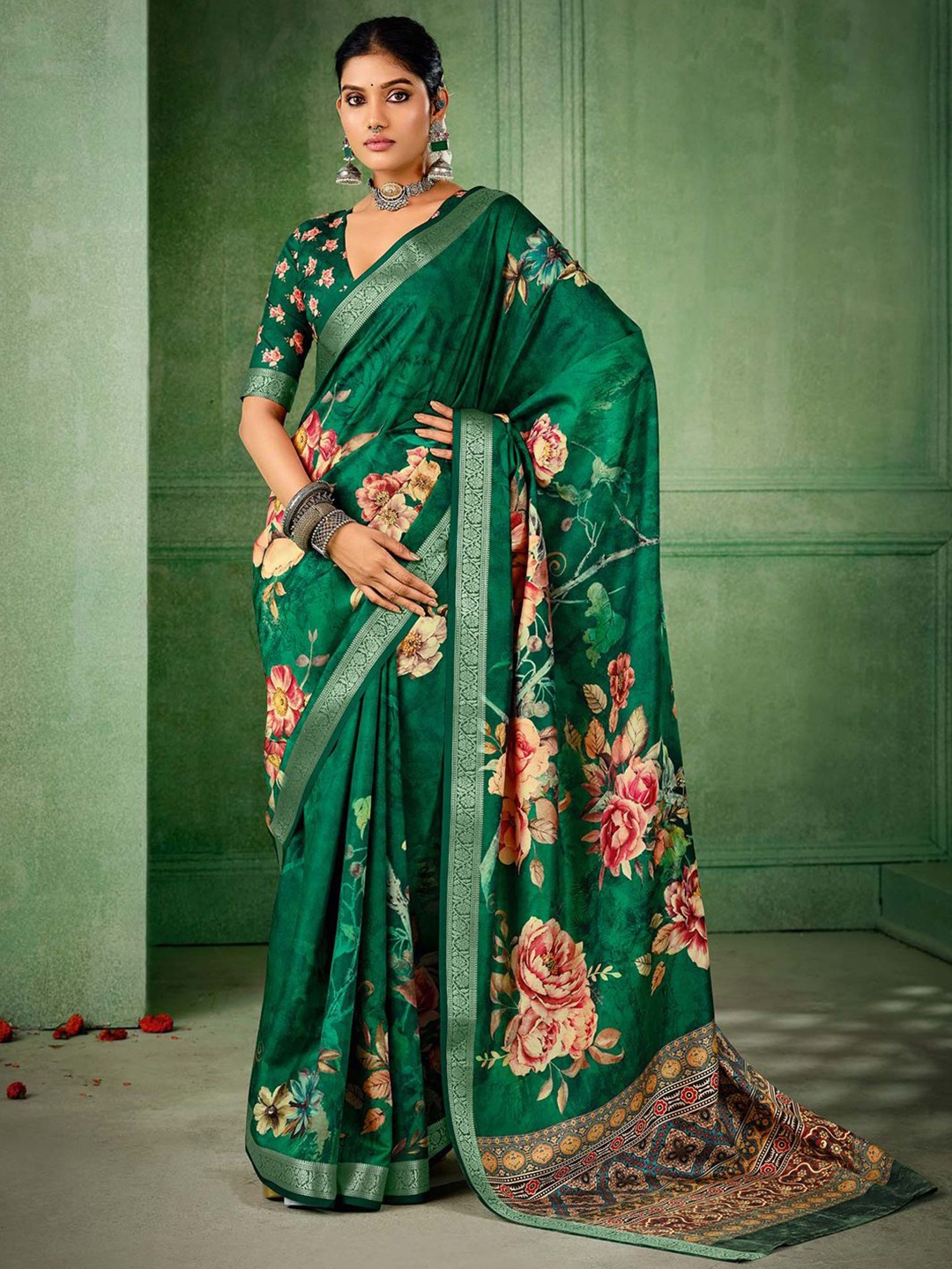 

Mitera Floral Printed Zari Tussar Saree, Green