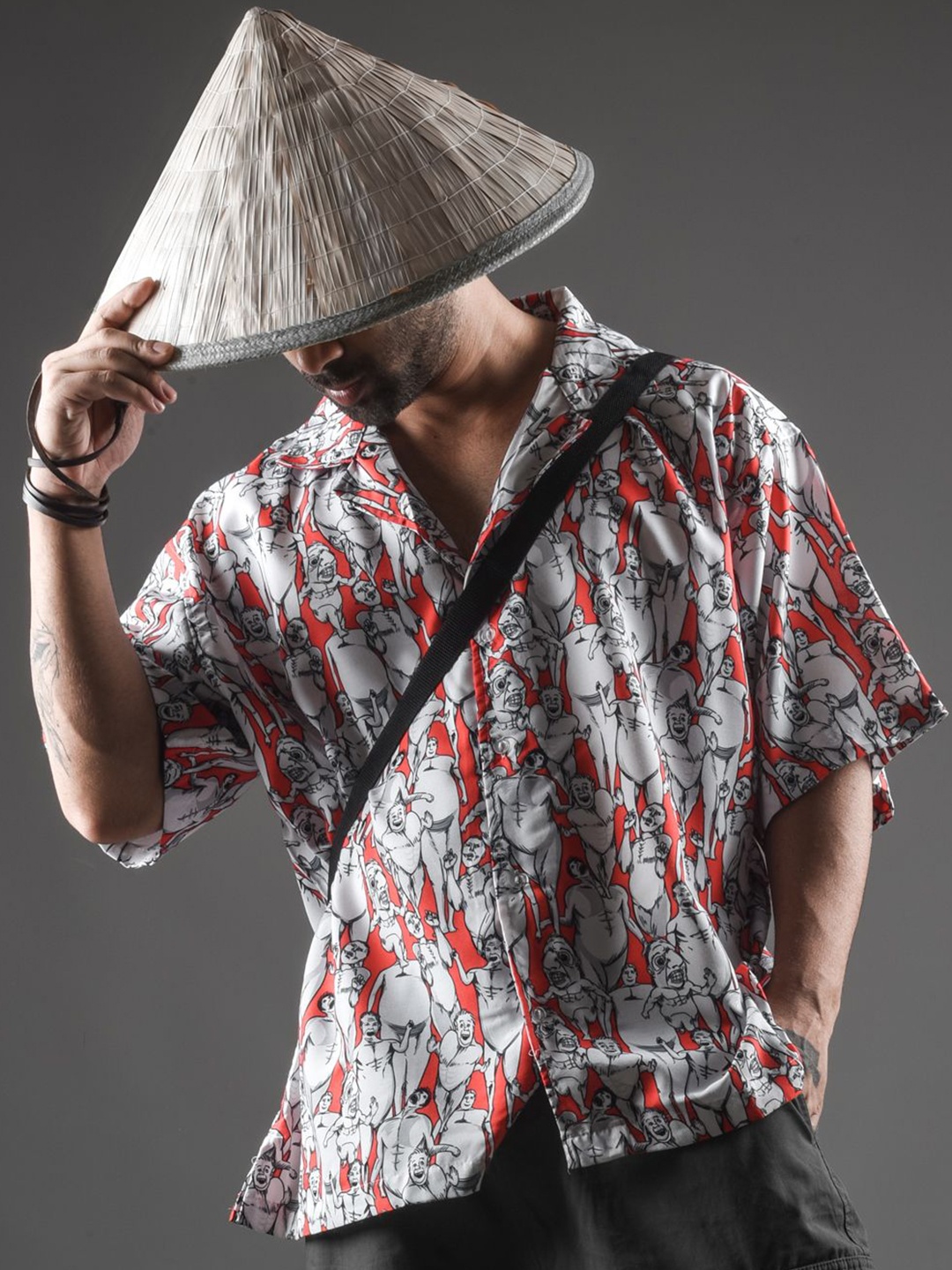 

Xenpachi Men Attack on Titan Anime Run Printed Oversize Drop Shoulder Hawaiian Shirt, Red