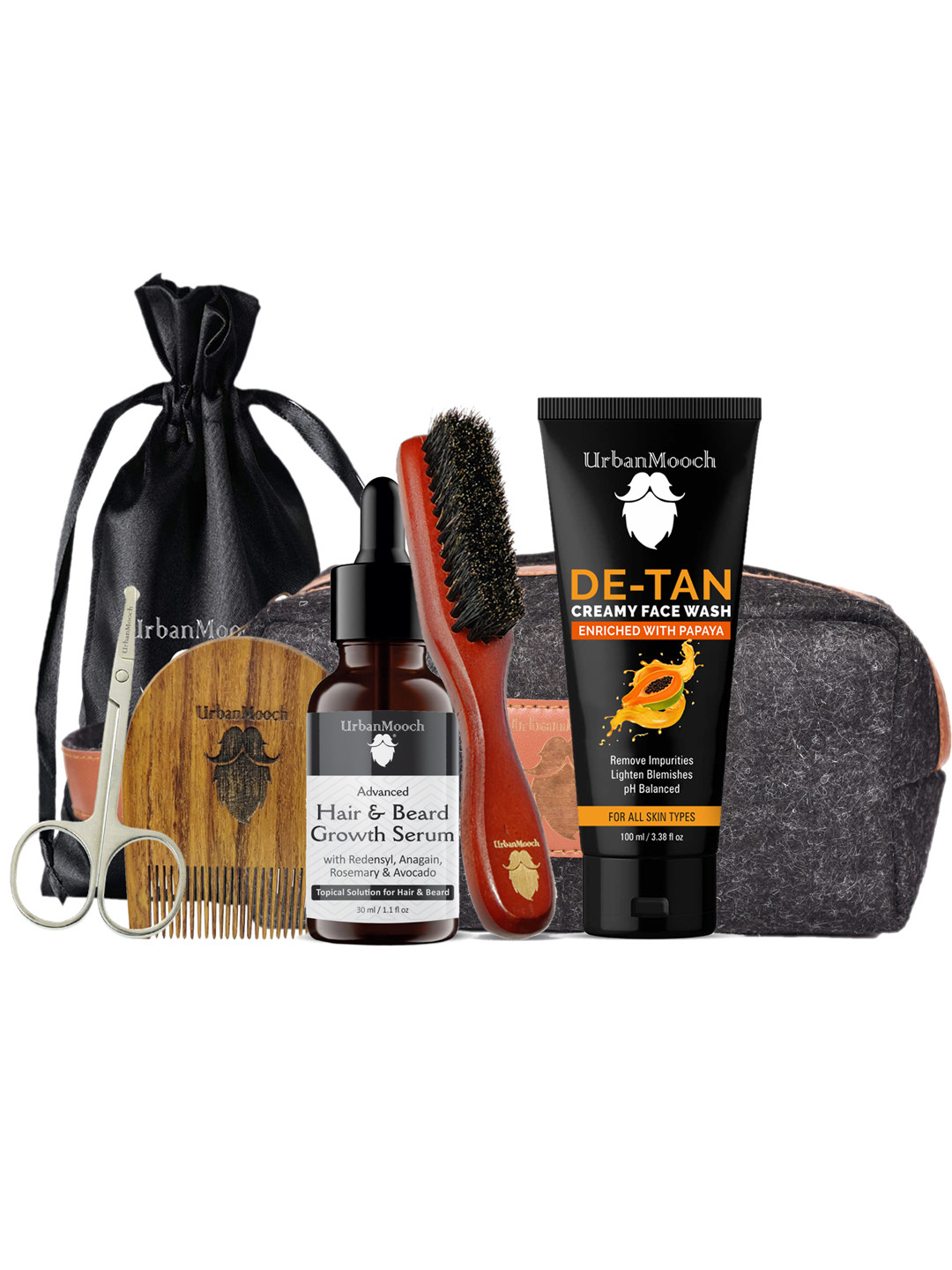 

UrbanMooch Set Of 6 Face Wash, Beard Brush & Comb, Serum, Scissor & Toiletry Bag, Black