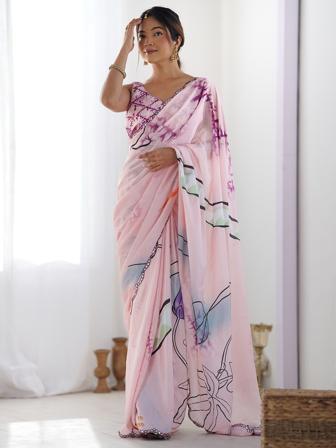 

Moda Rapido Floral Mirror Work Poly Chiffon Saree, Pink