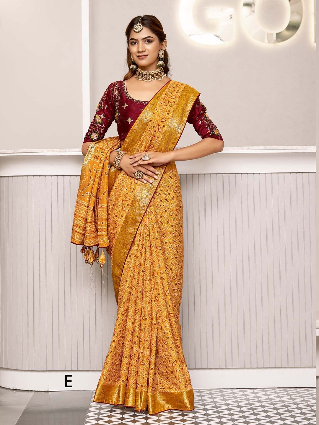 

A.V.M. SILK MILLS Women Bandhani Zari Pure Crepe Saree, Yellow