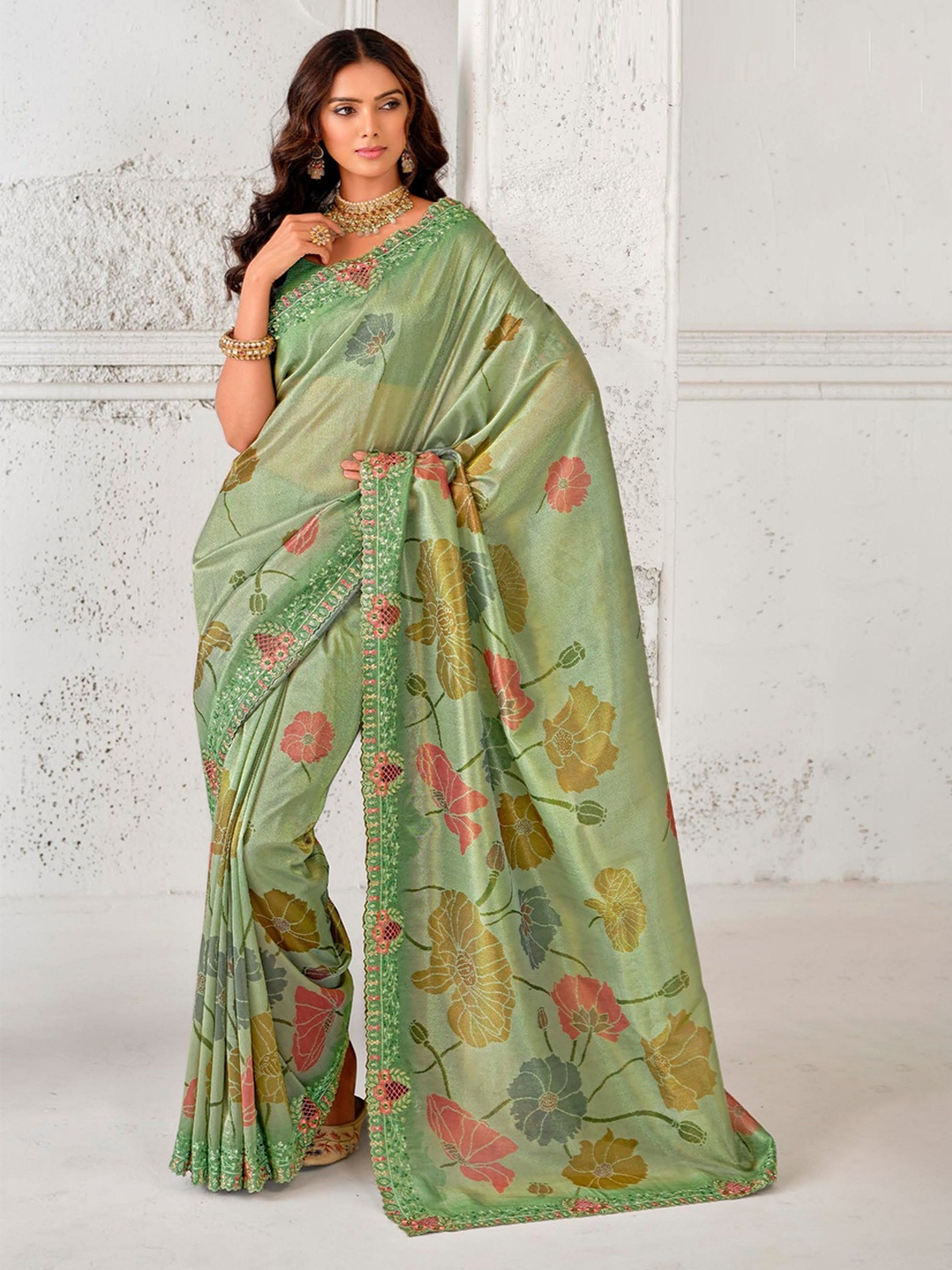 

MAHALASA Ethnic Motifs Embroidered Designer Saree, Green
