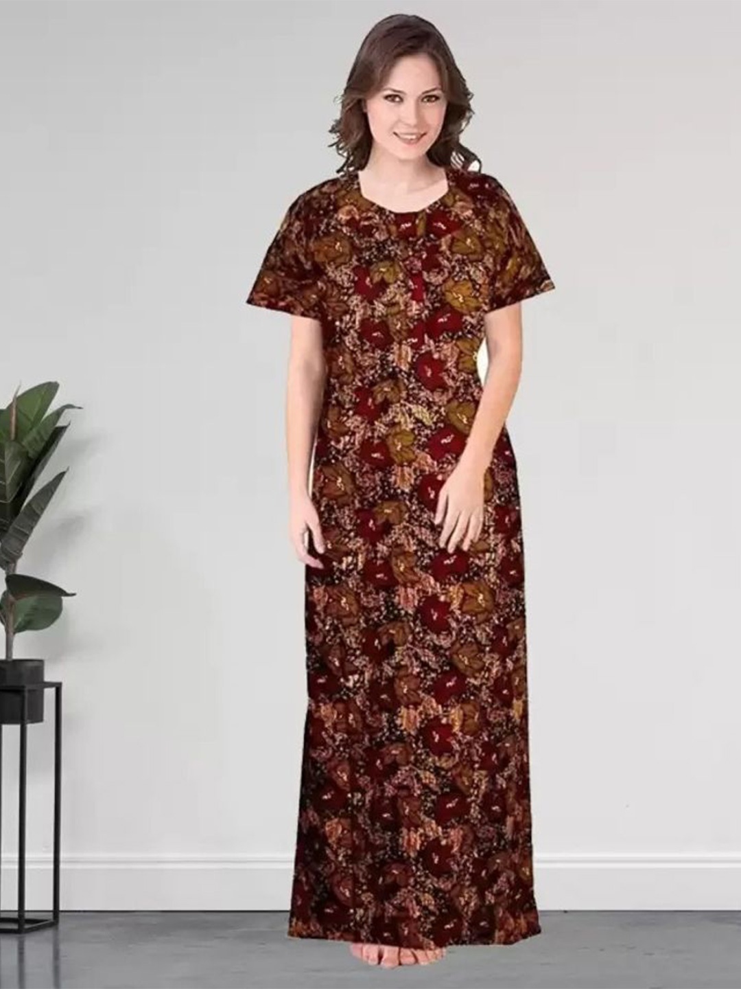 

PR PINK ROYAL Women Printed Maxi Nightdress, Brown