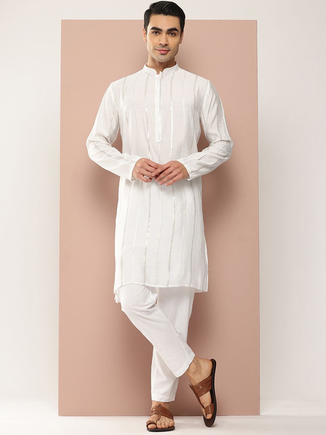 

See Designs Striped Embroidered Sequinned Mandarin Collar Chanderi Silk Straight Kurta, Off white