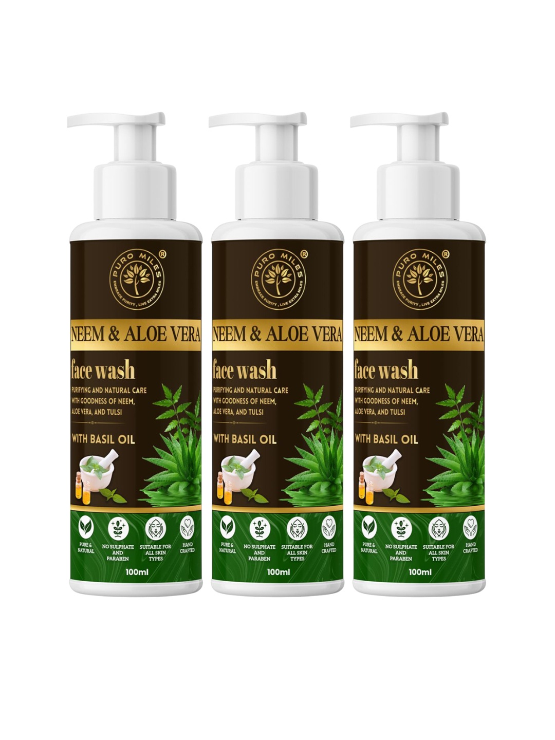 

Puro Miles Set Of 3 Neem Aloe Vera With Basil Oil Face Wash - 100 ml Each, Green