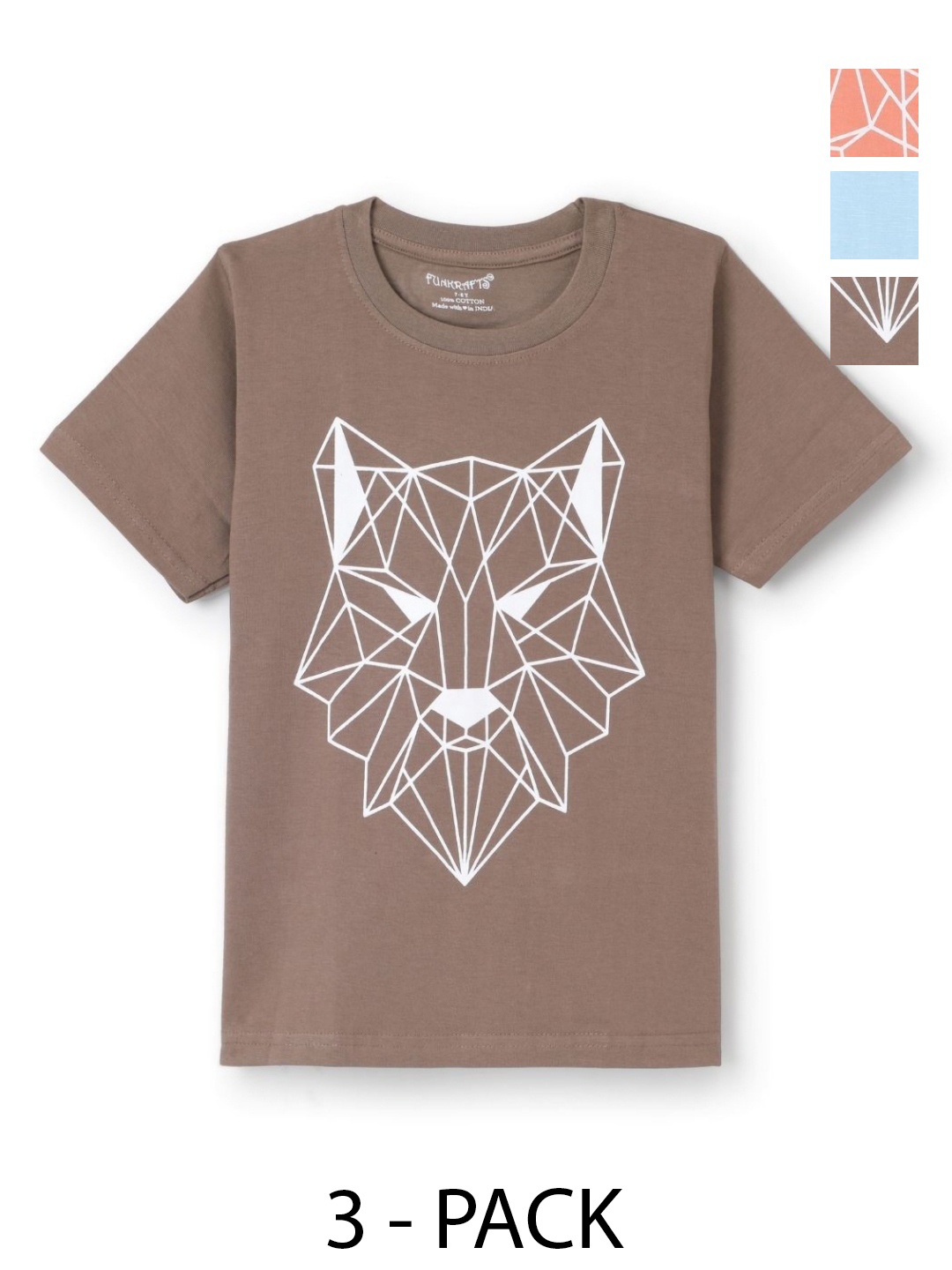 

FUNKRAFTS Boys Pack Of 3 Graphic Printed Round Neck Cotton T-shirts, Brown