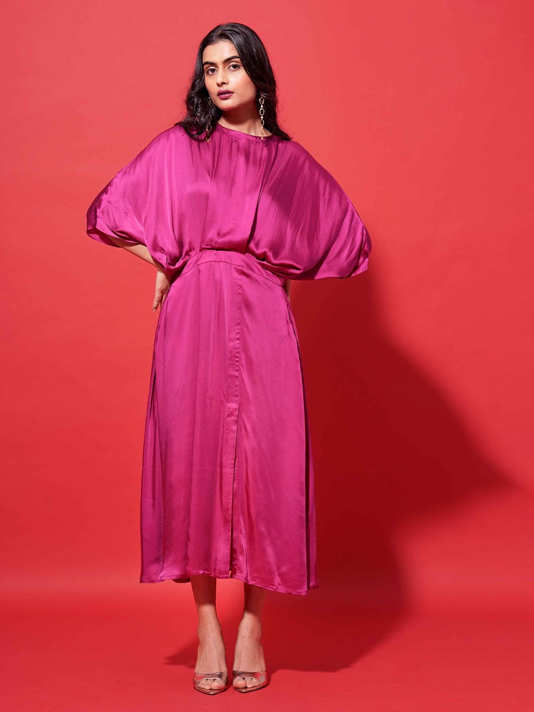 

the kaatn trail Batwing Sleeve Satin A-Line Maxi Dress, Magenta