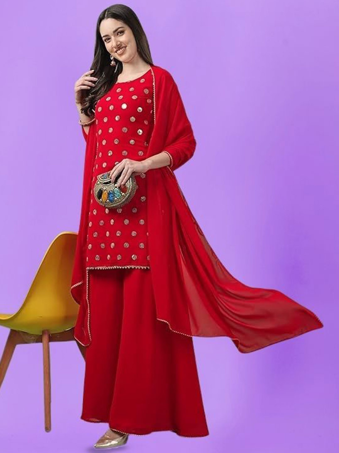 

PARROT CREATION Women Embroidered Regular Sequinned Kurti with Sharara & With Dupatta, Red