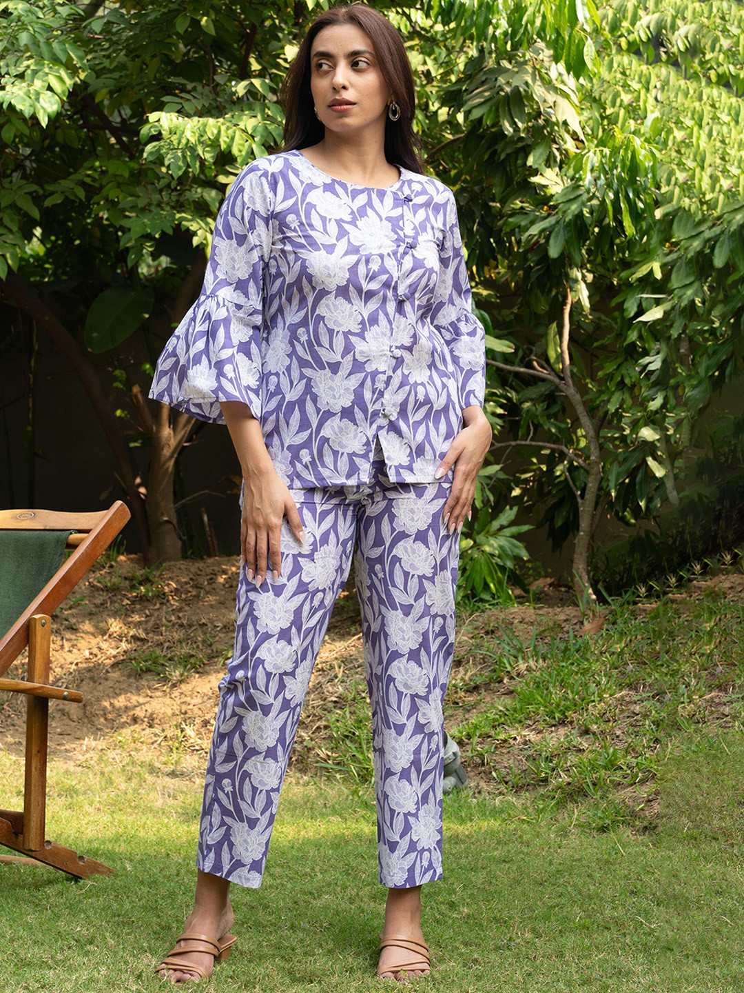 

GULABOSITABO Floral Printed Pure Cotton Top With Trousers Co-ords, Lavender