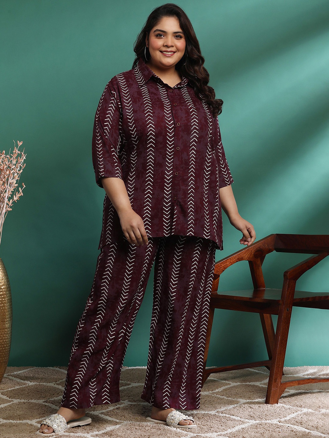 

KALINI Printed Pure Cotton Plus Size Shirt Collar Top And Palazzo, Maroon