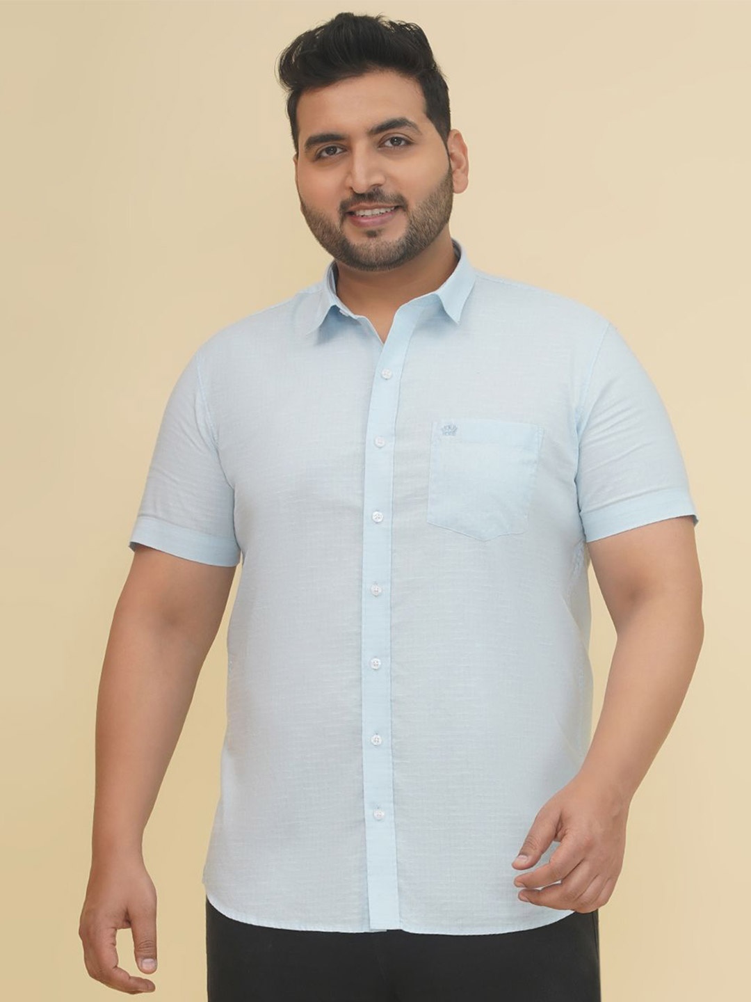 

John Pride Men Regular Fit Spread Collar Textured Cotton Casual Shirt, Blue