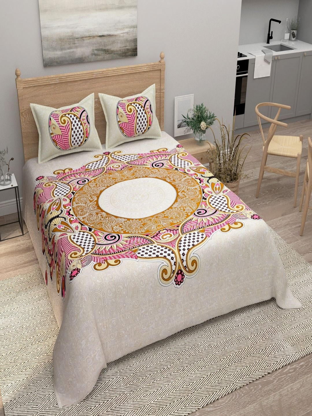 

Myntra Elegant Homes Pink Floral Printed Cotton 180 TC King Bedsheet Set 2.74 m x 2.54 m, Beige