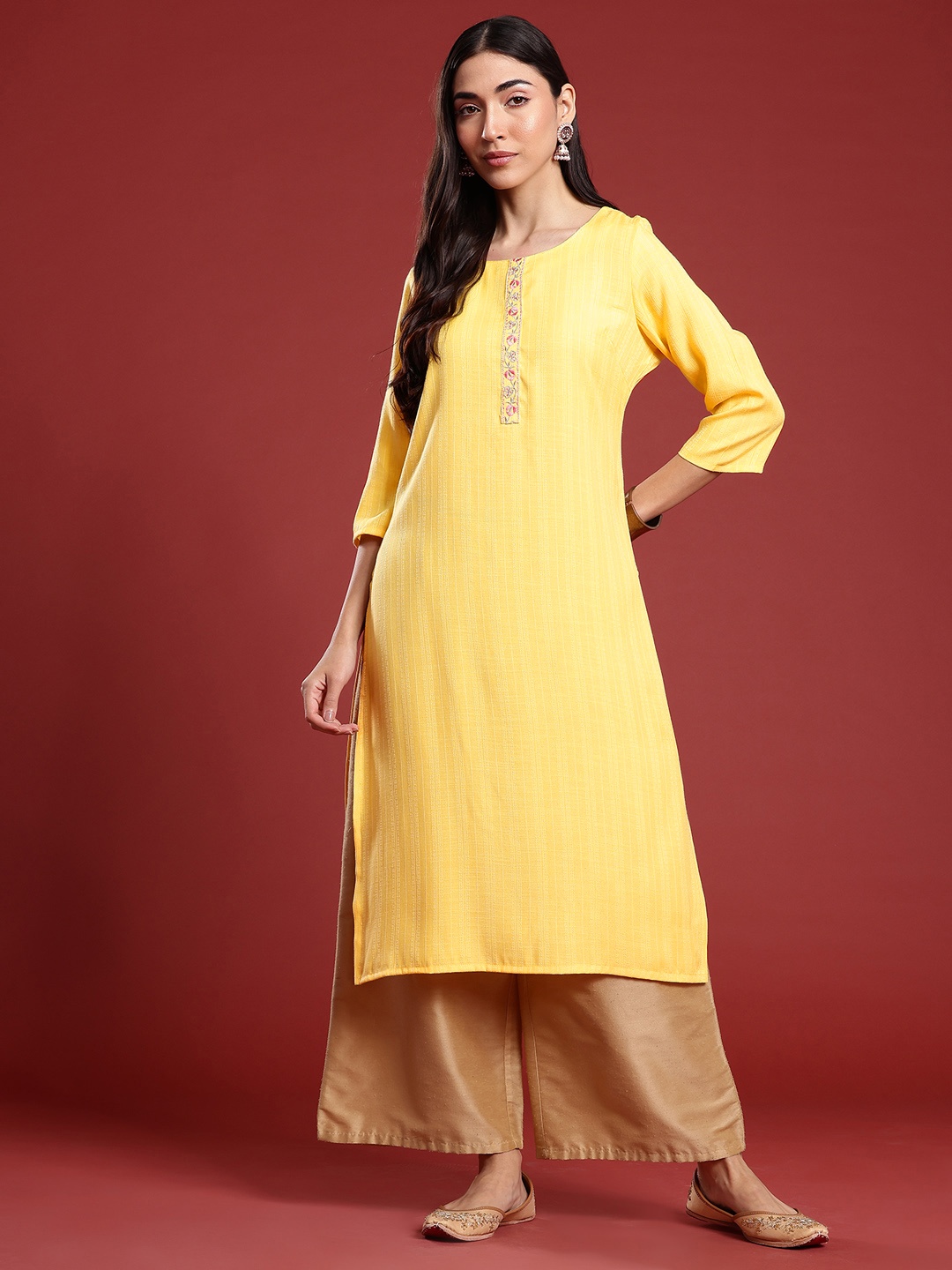 

Anouk Self-Striped Yoke Design Straight Kurta, Yellow