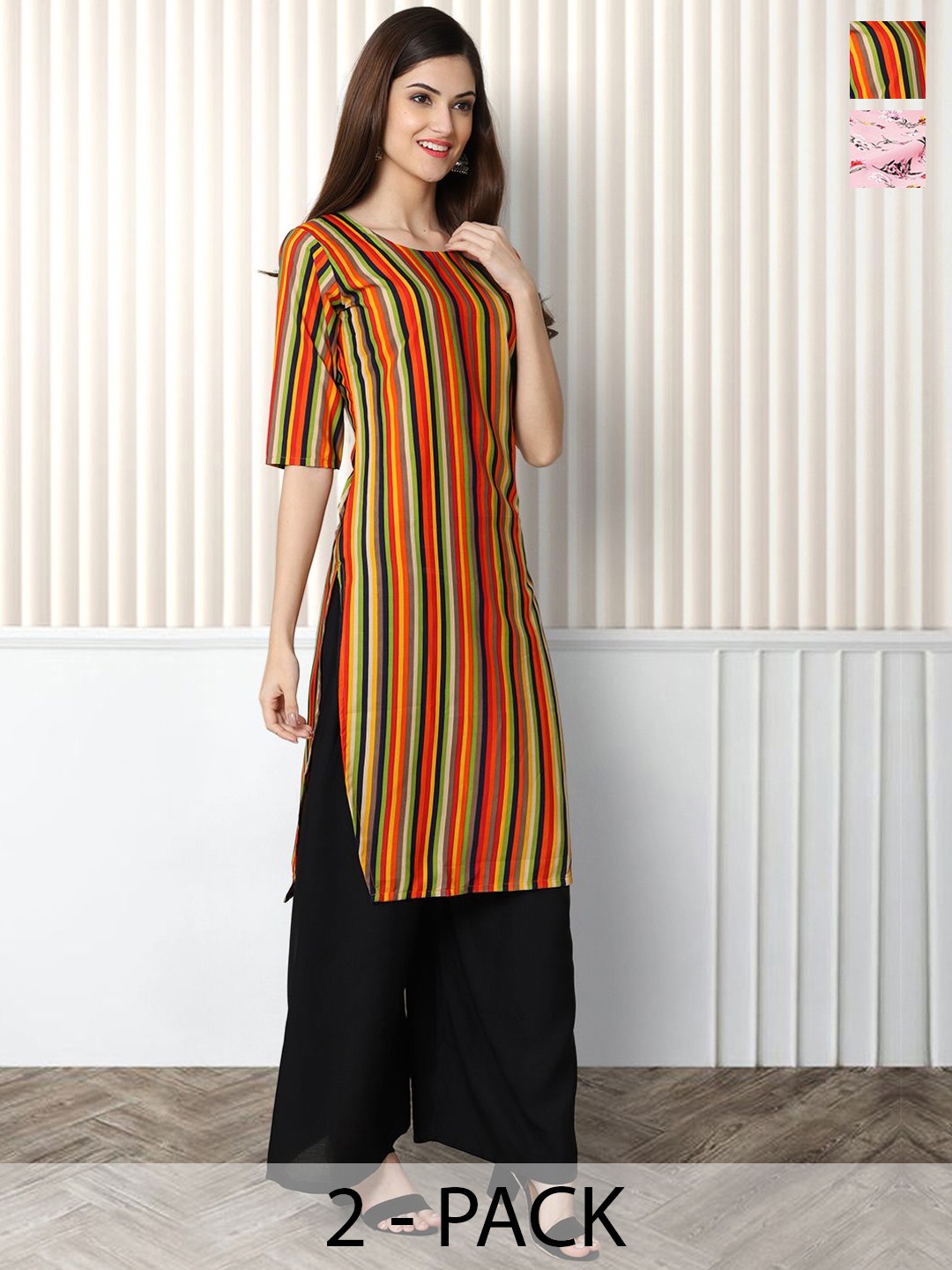 

Moda Rapido Pack of 2 Printed Round Neck Straight Kurtas, Multi