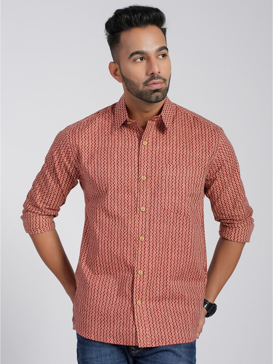 

Cotton Curio Men Comfort Fit Spread Collar Chevron Striped Cotton Casual Shirt, Red