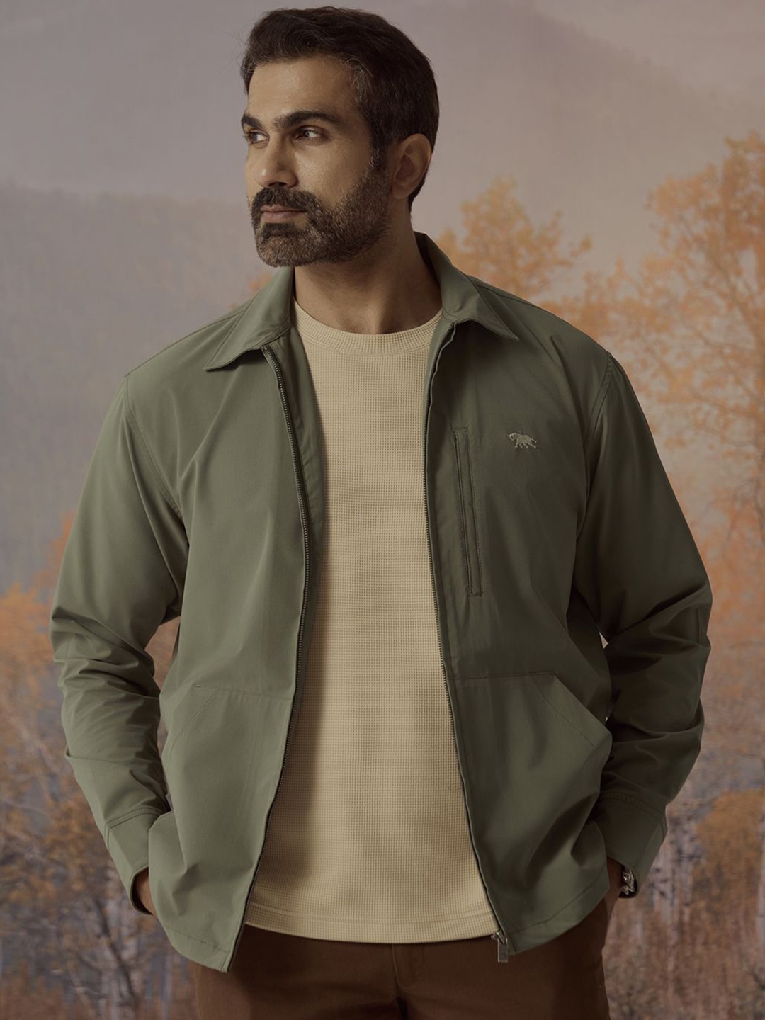 

Andamen Men Spread Collar Solid Casual Windcheater Tailored Jacket, Olive