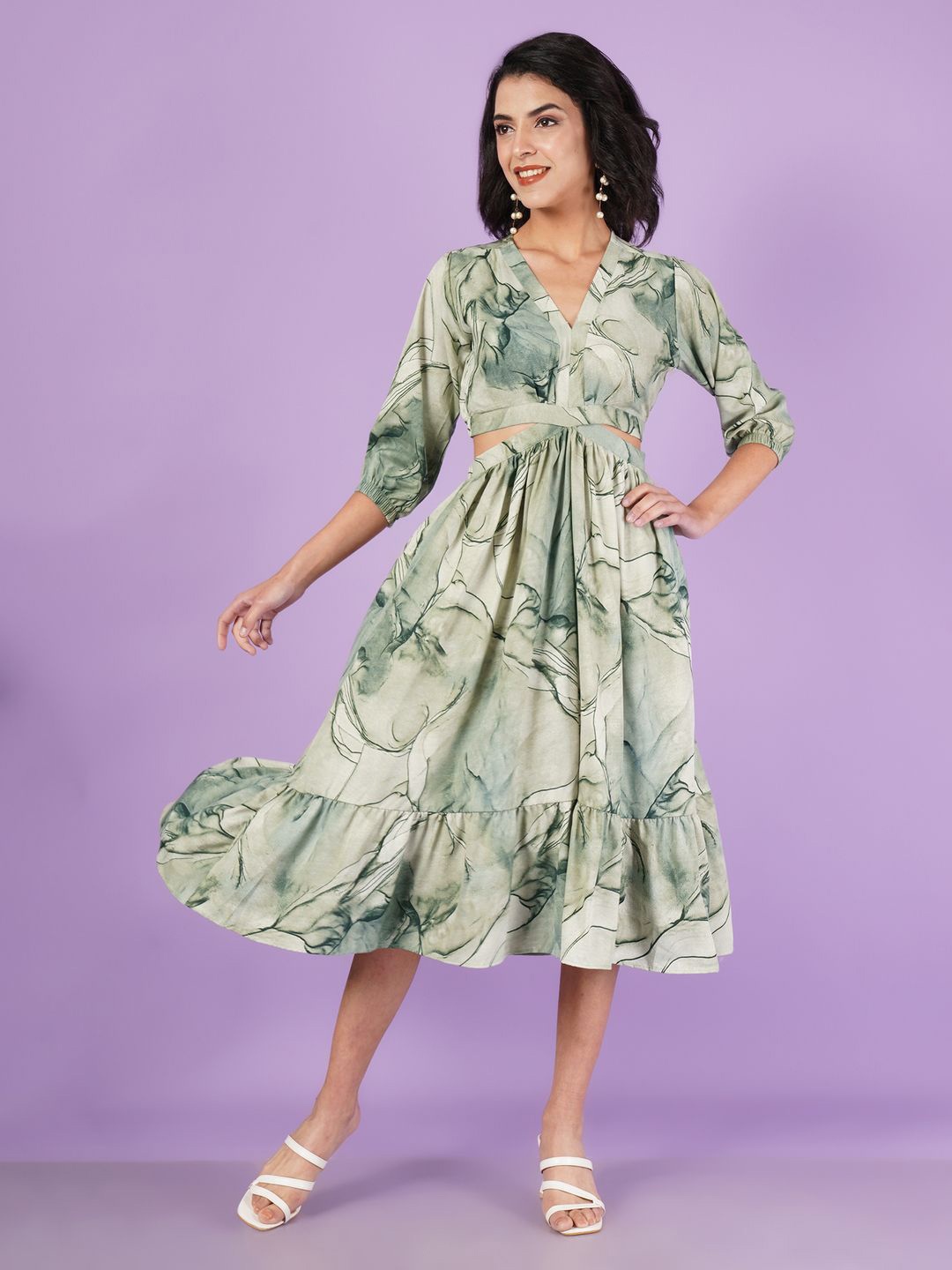 

ZWERLON Women Floral Printed Midi Fit & Flare Dress, Green