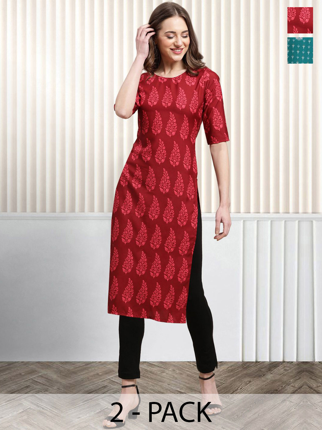 

Moda Rapido Set of 2 Ethnic Printed Round Neck Straight Kurtas, Red