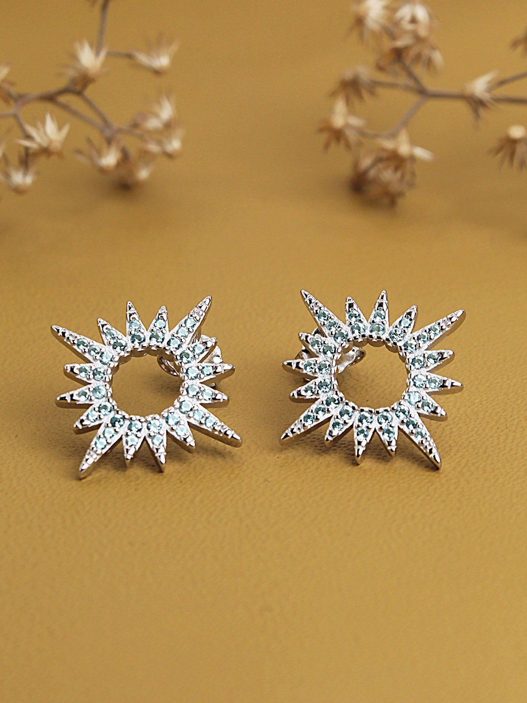 

DEVASHREE 925 Sterling Silver Rhodium-Plated Cubic Zirconia Studded Floral Shaped Studs, Sea green