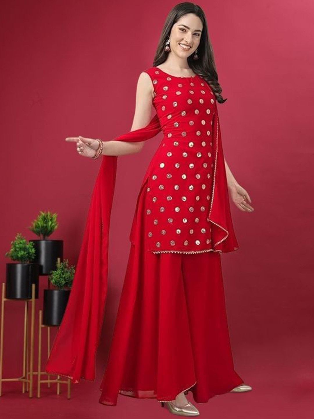 

PARROT CREATION Geometric Embroidered Sequinned Georgette Kurti with Sharara And Dupatta, Red