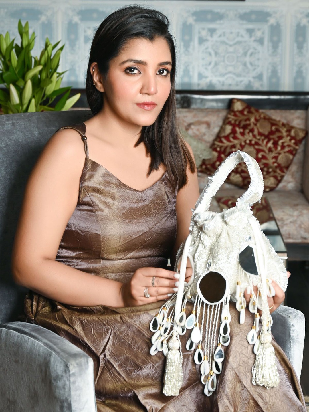 

ODETTE Embellished Beads Tasseled Potli Clutch, Silver