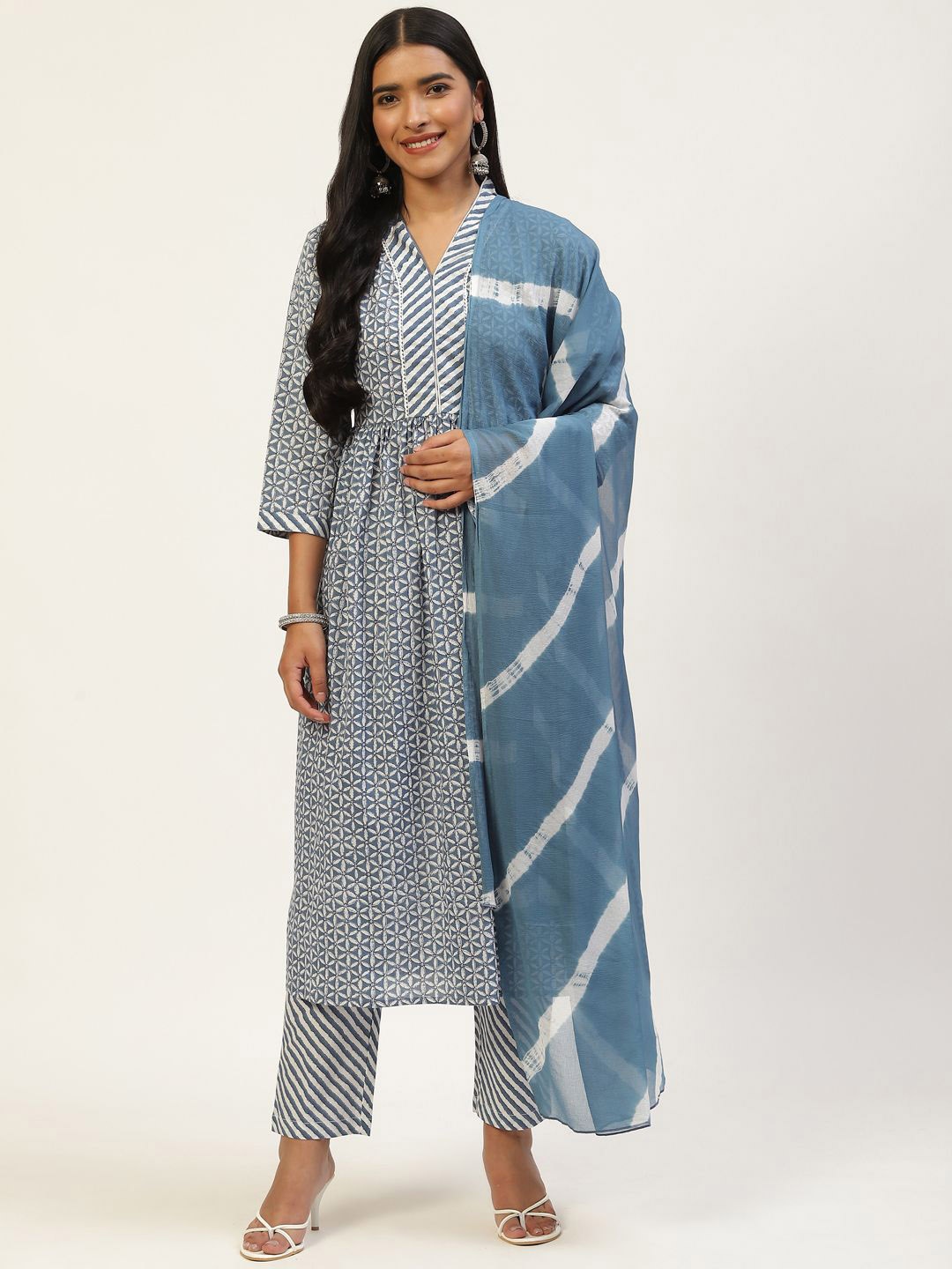 

Sangria Blue Floral Printed V-Neck Pure Cotton A-Line Kurta With Trousers And Dupatta