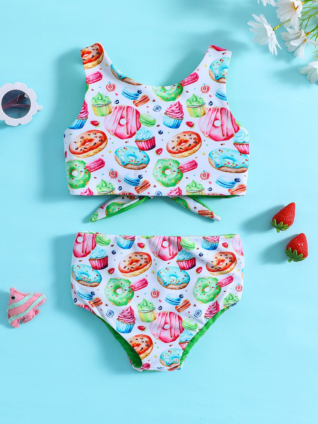 

YK Girls Printed Sleeveless Top & Briefs Swim Set, White