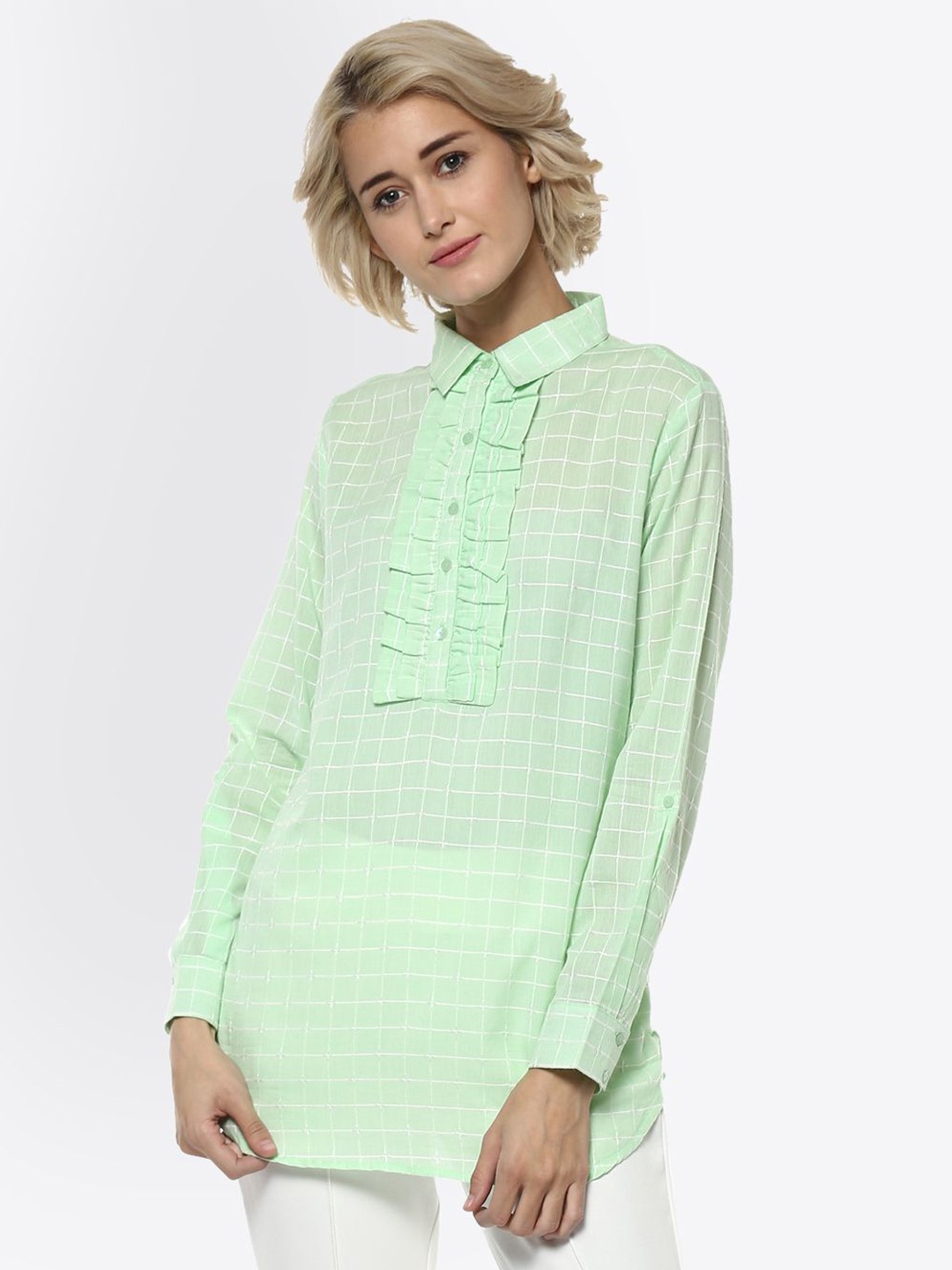 

Moda Elementi Women Shirt Collar Checked Tunic, Green