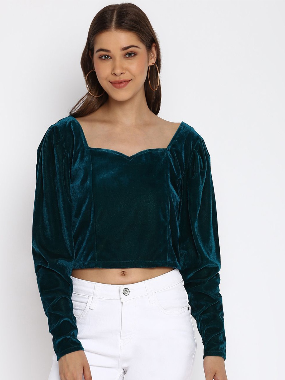 

DressBerry Sweetheart Neck Puff Sleeve Velvet Top, Teal