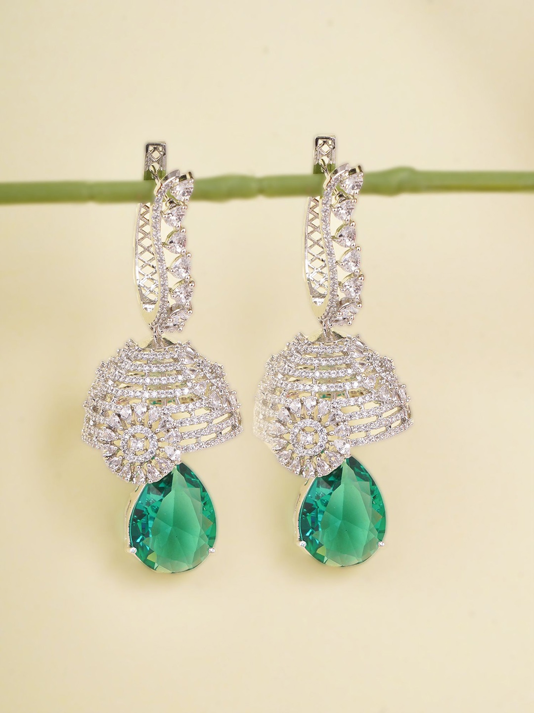 

Adwitiya Collection Rhodium-Plated Dome Shaped Drop Earrings, Green