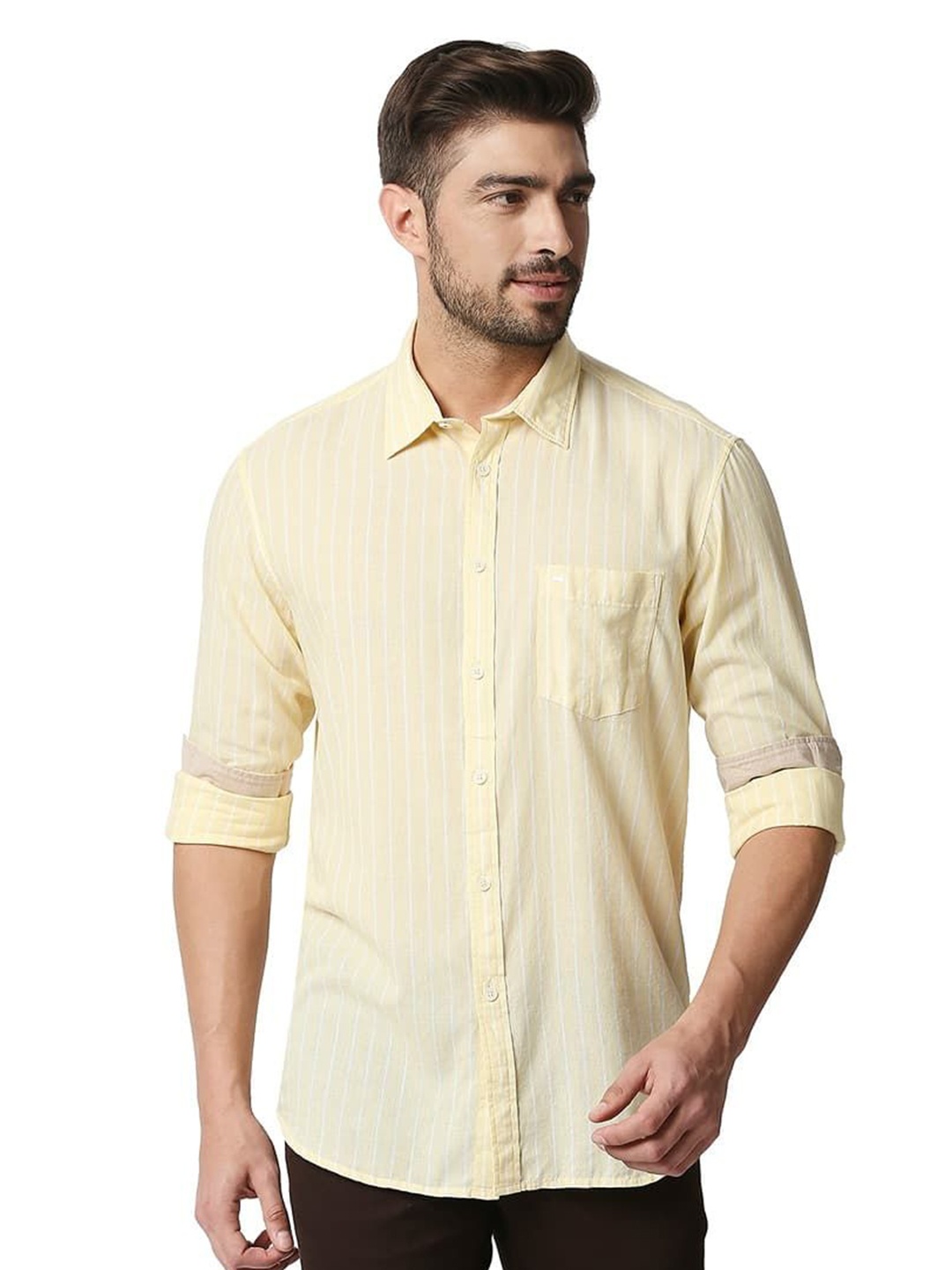 

Basics Men Relaxed Fit Spread Collar Vertical Striped Cotton Casual Shirt, Yellow