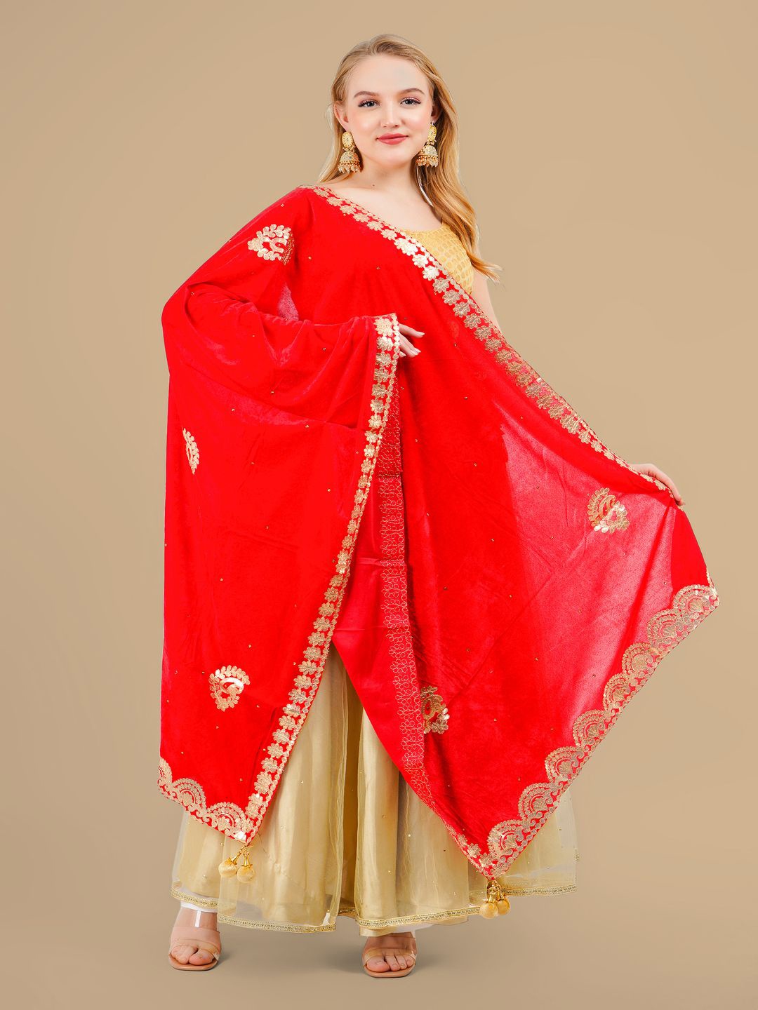 

Karthav Fashion Paisley Embroidered Velvet Dupatta With Gotta Patti, Red