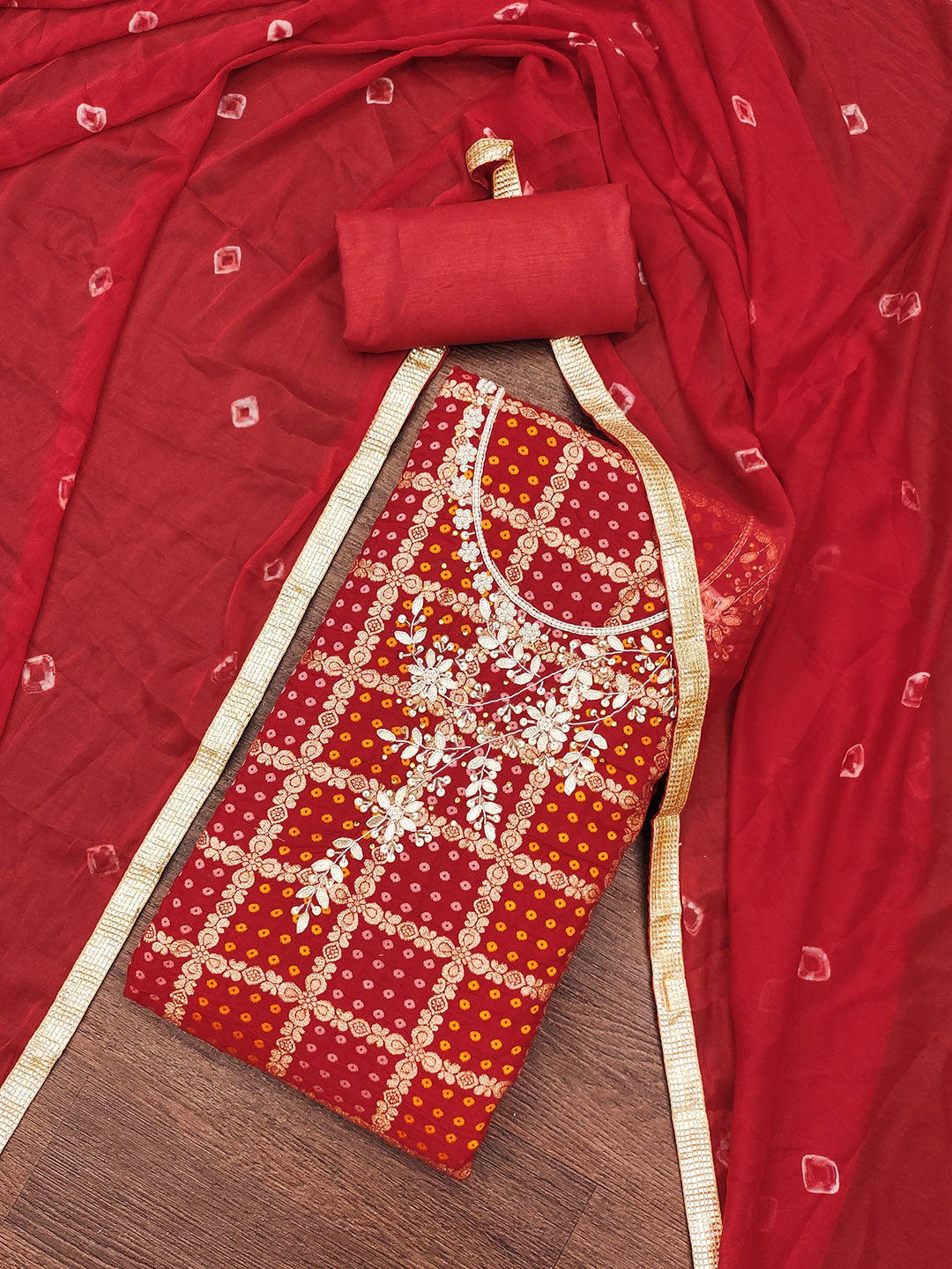

HERE&NOW Bandhani Woven Design Beads and Stones Unstitched Dress Material, Red