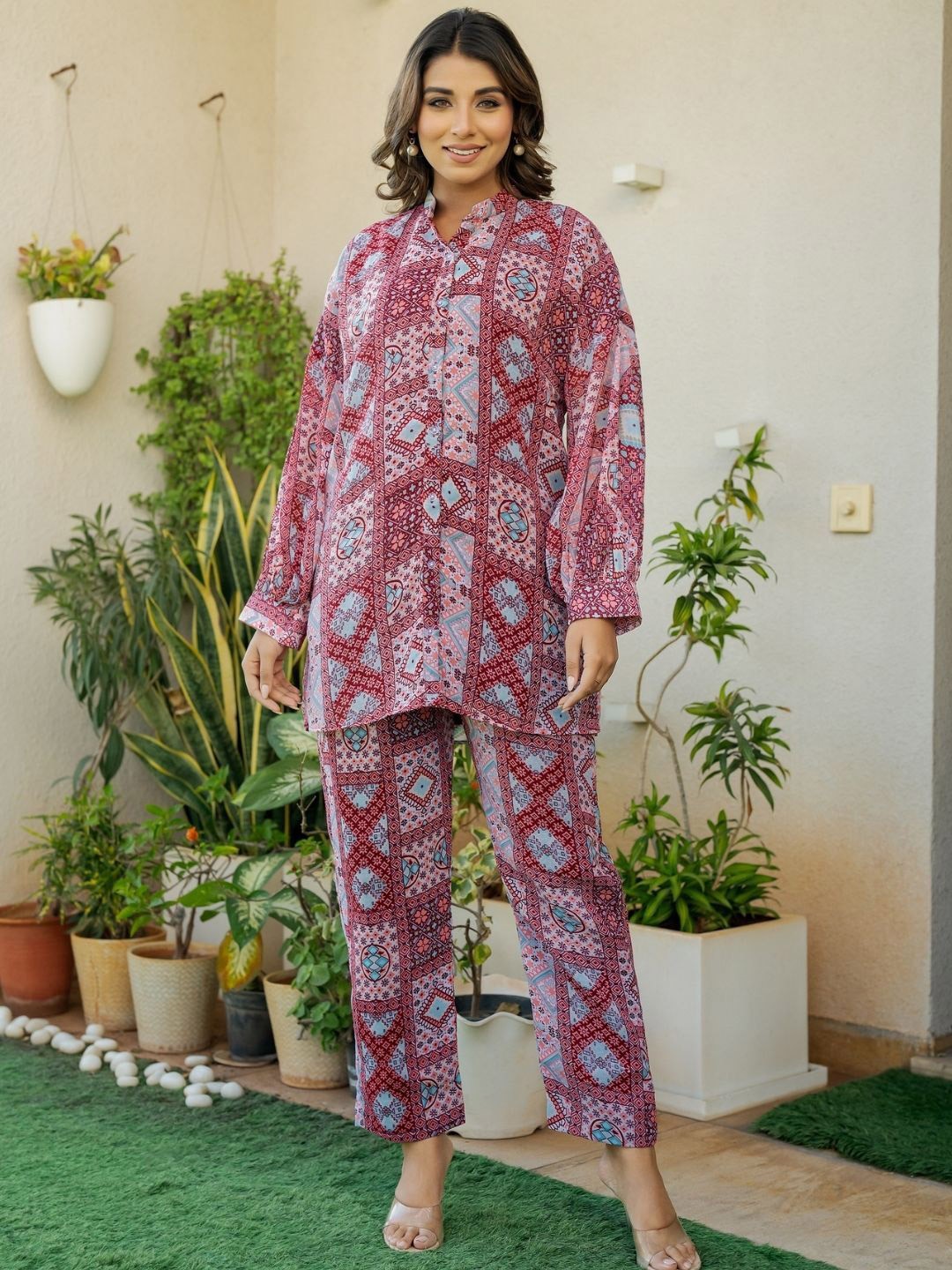 

HOUSE OF JAMOTI Eva Geometric Printed Co-Ord Set, Red