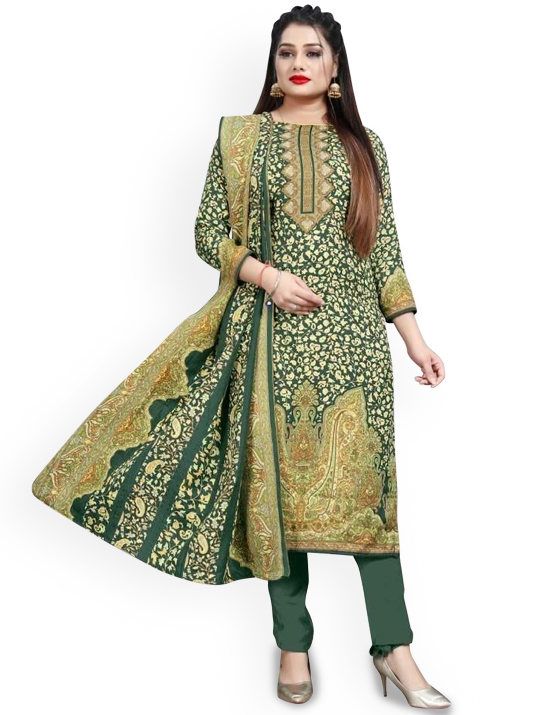 

REET MAHAL Floral Printed Pashmina Unstitched Dress Material, Green