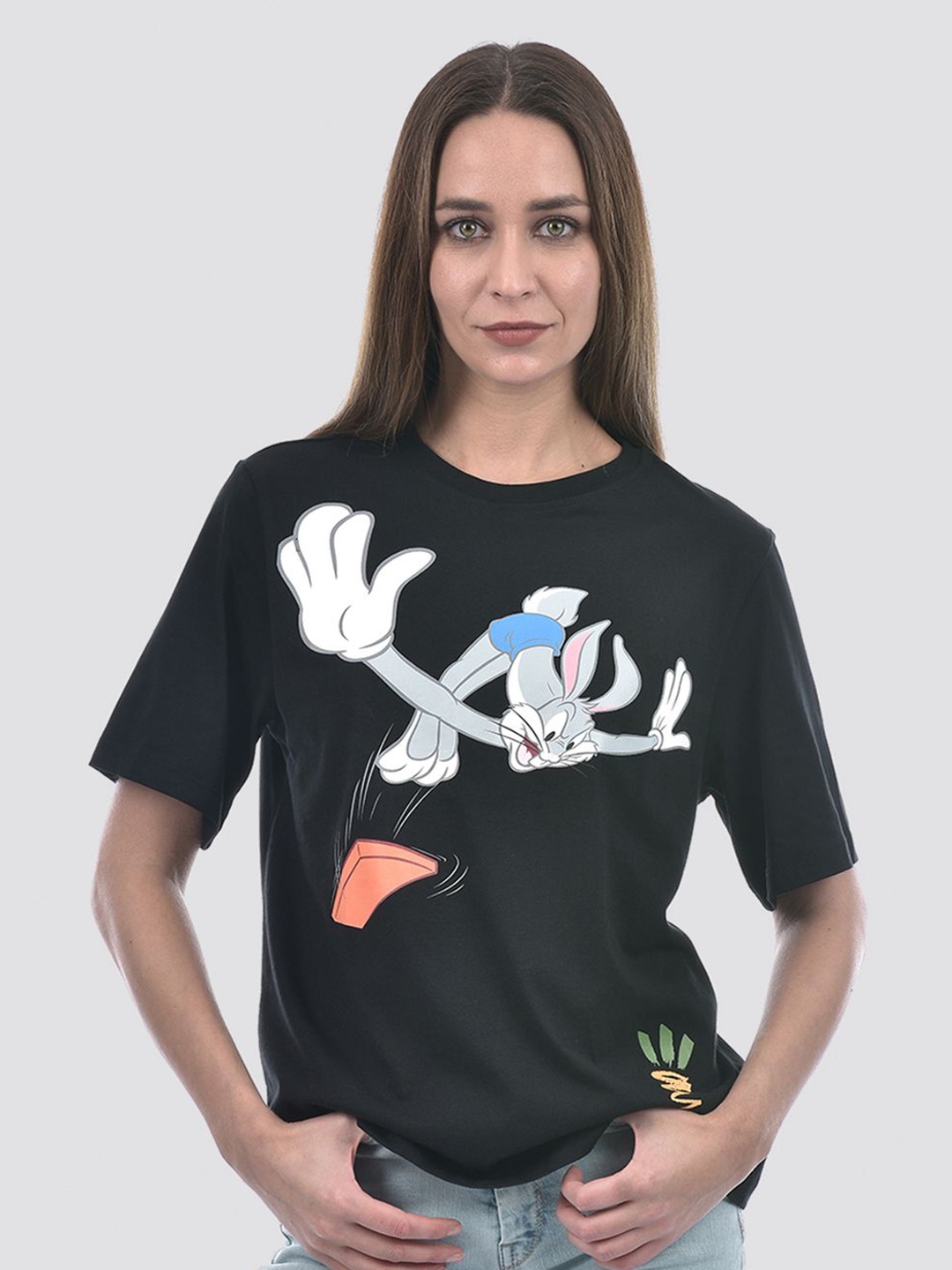 

ONLY Women Looney Tunes Graphic Printed Round Neck Cotton T-shirt, Charcoal