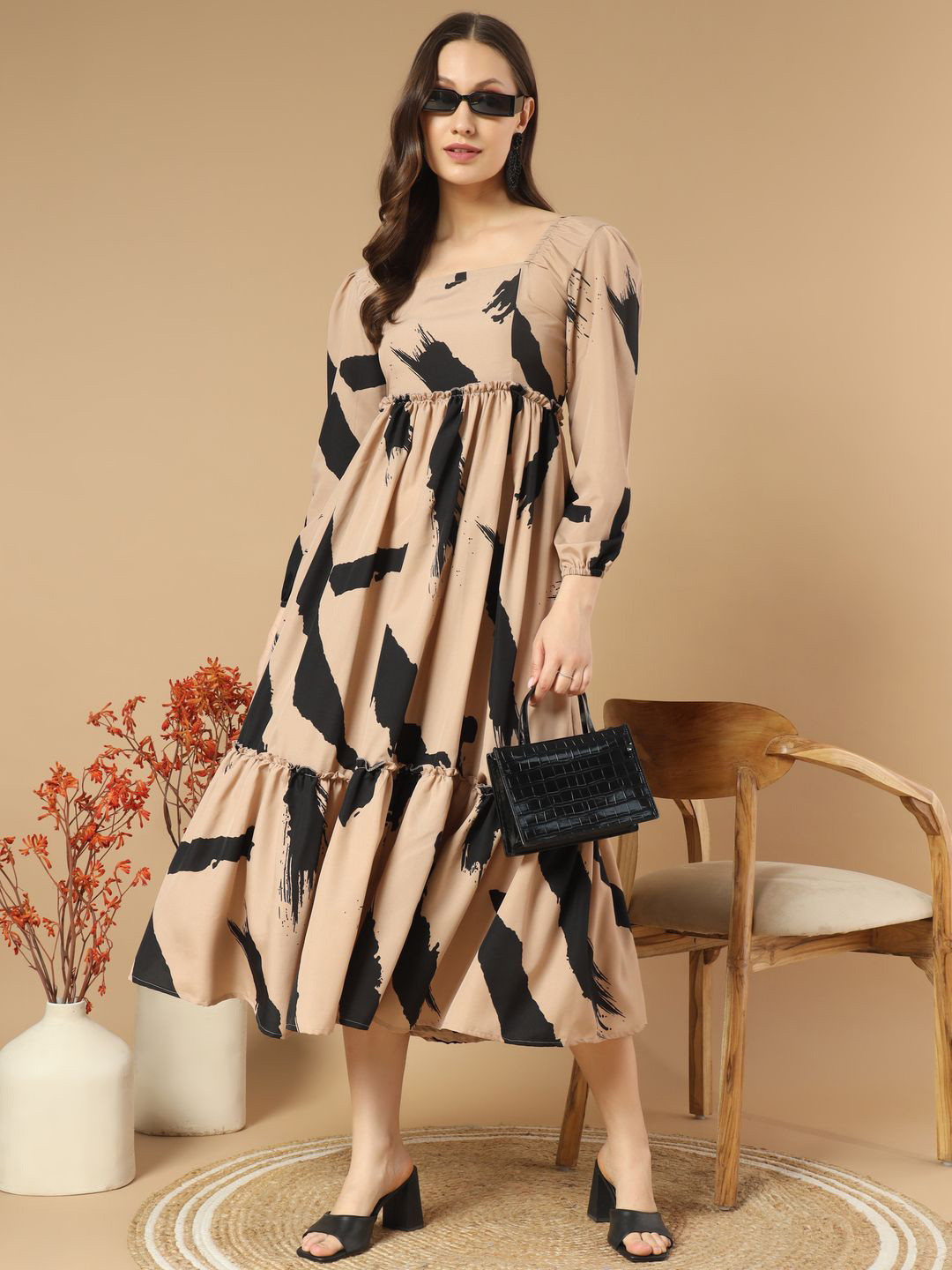 

ZWERLON Printed Fit & Flare Midi Dress, Beige