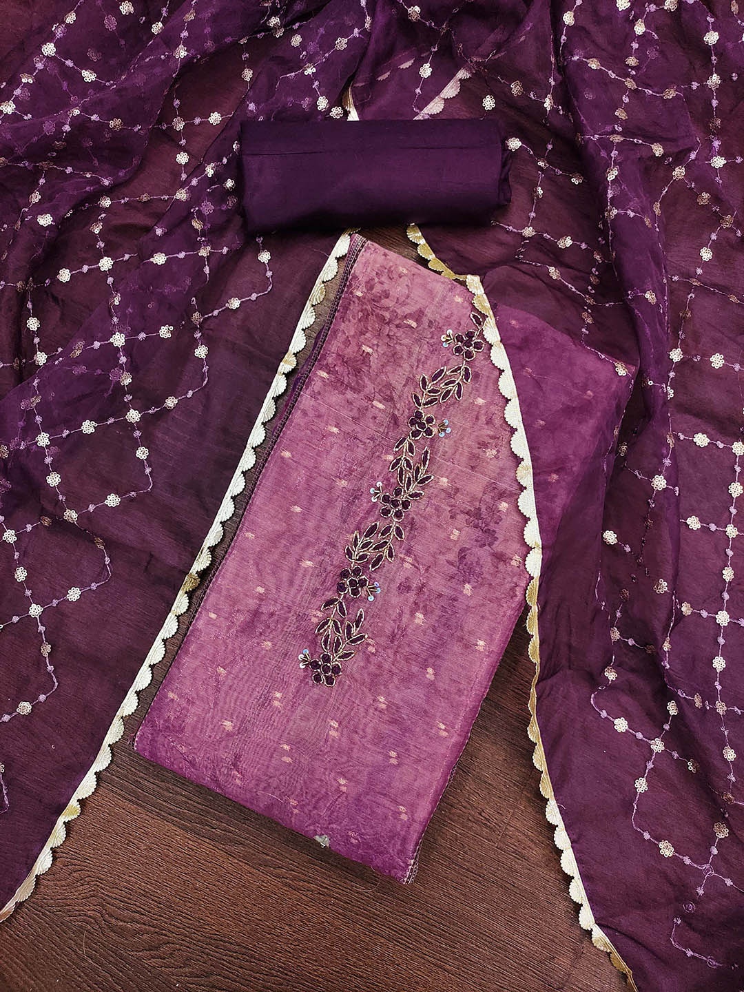 

HERE&NOW Floral Woven Design Beads And Stones Unstitched Dress Material, Purple