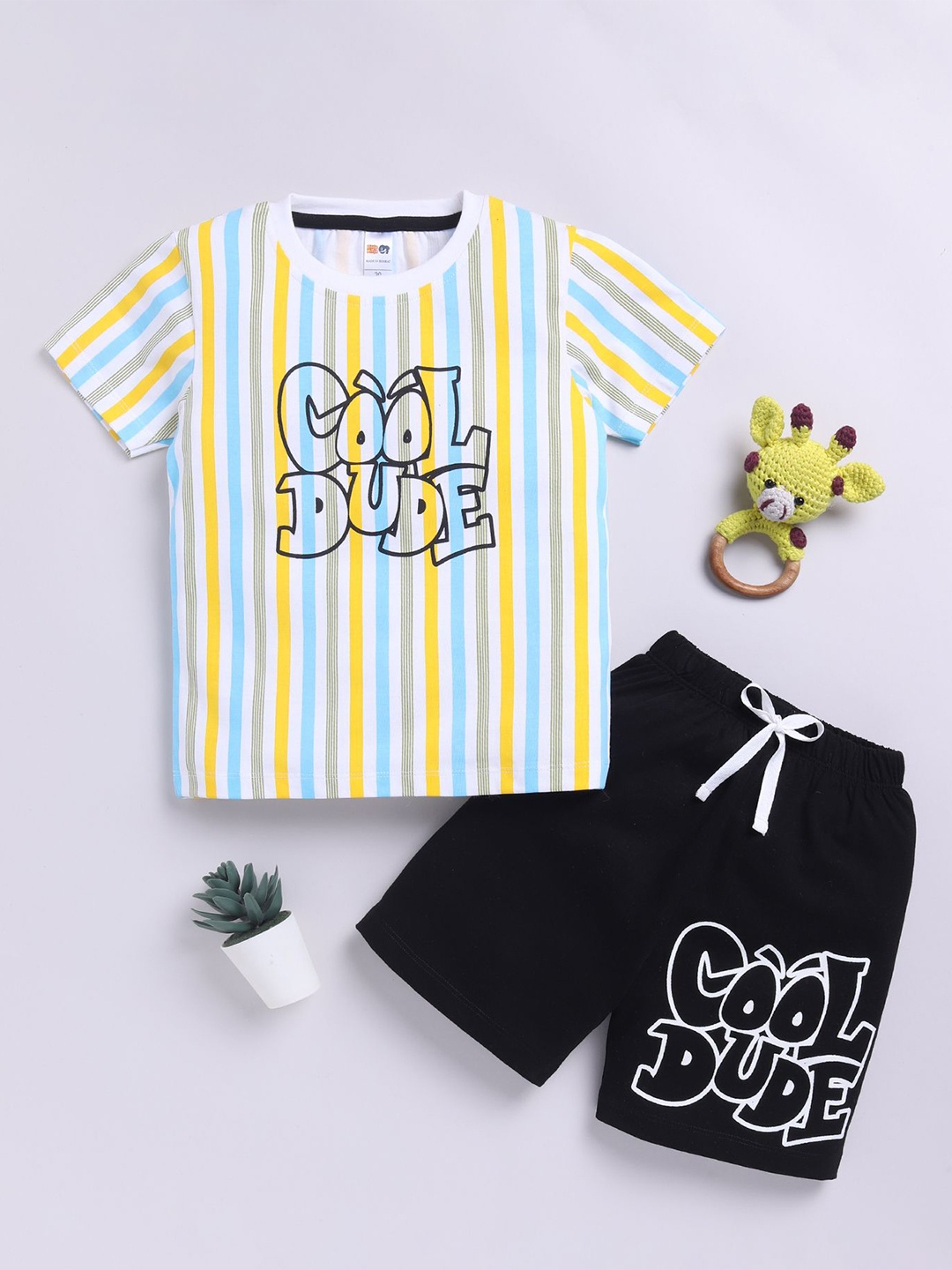 

LITTLE NINJA Boys Striped Round Neck Pure Cotton T-Shirt With Shorts, White