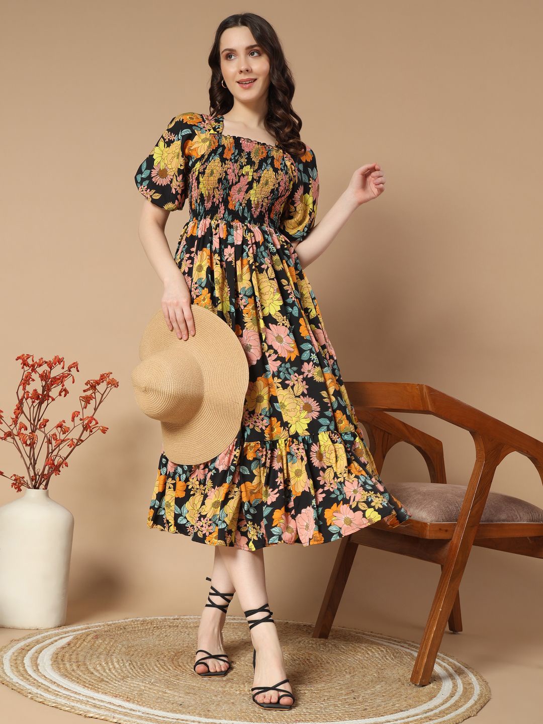 

ZWERLON Floral Print Puff Sleeve A-Line Midi Dress, Yellow