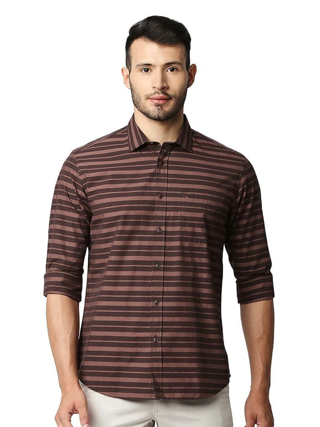 

Basics Men Relaxed Fit Spread Collar Horizontal Striped Cotton Casual Shirt, Brown