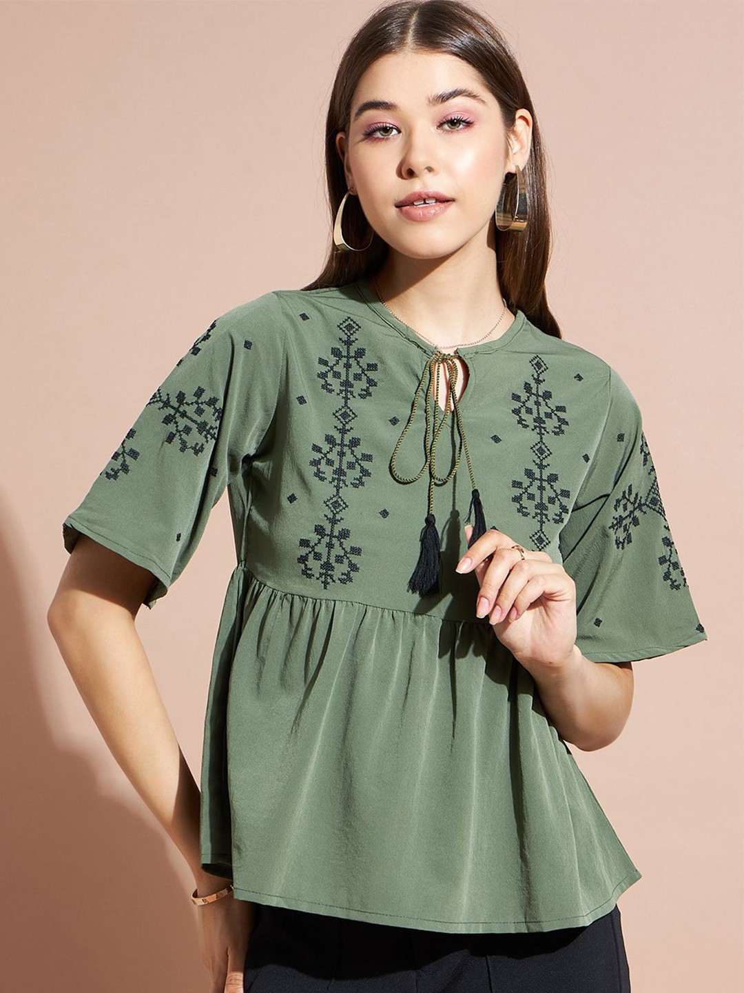 

DressBerry Floral Print Tie-Up Neck Crepe Crop Top, Green